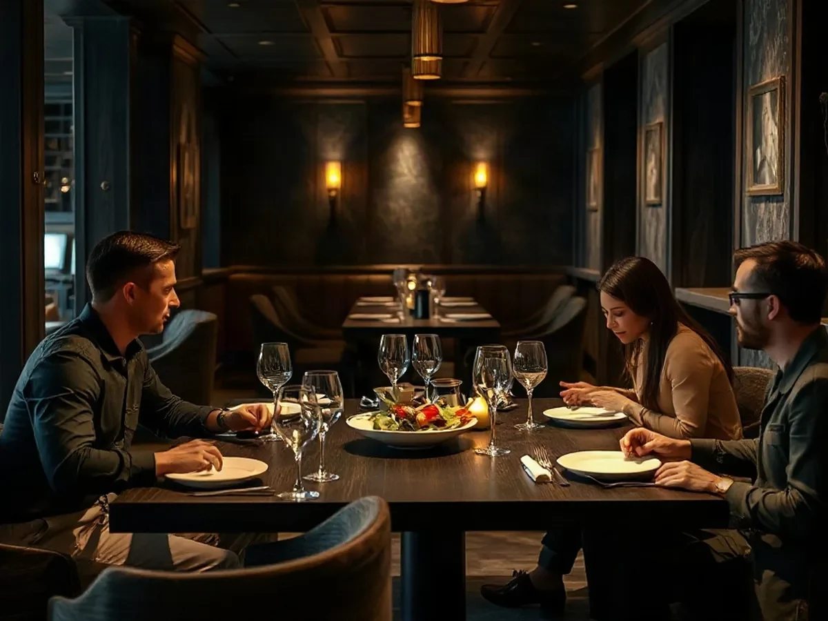 Adults sharing a meal at a softly lit table with stone, timber, and simple glassware.