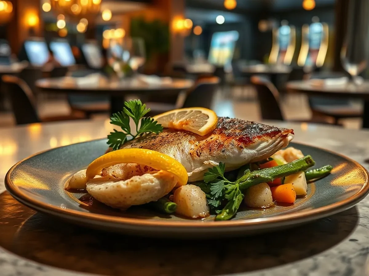 Golden-seared sea bass with market vegetables and parsley on a ceramic plate in warm light.