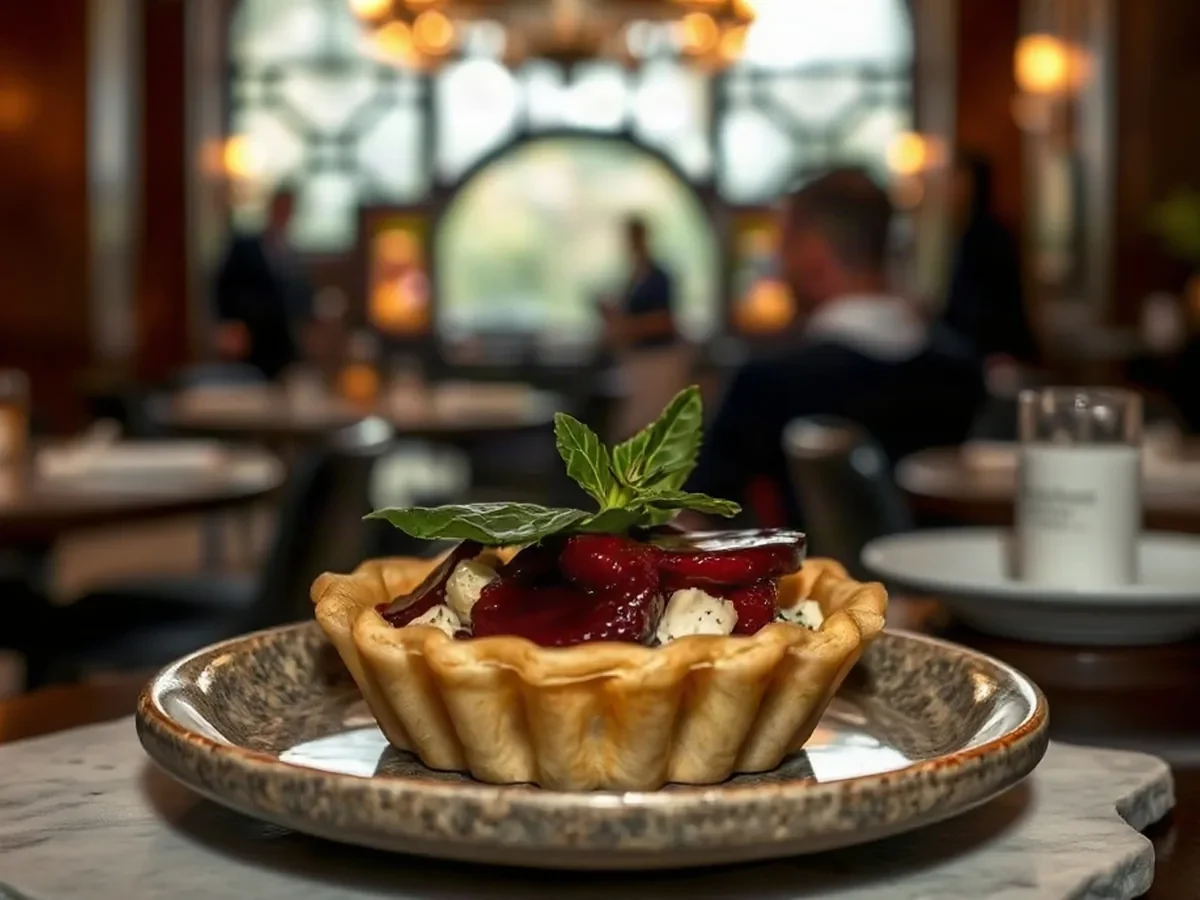 Roasted beetroot and goat’s cheese tart on a ceramic plate, with fresh leaves in warm light.