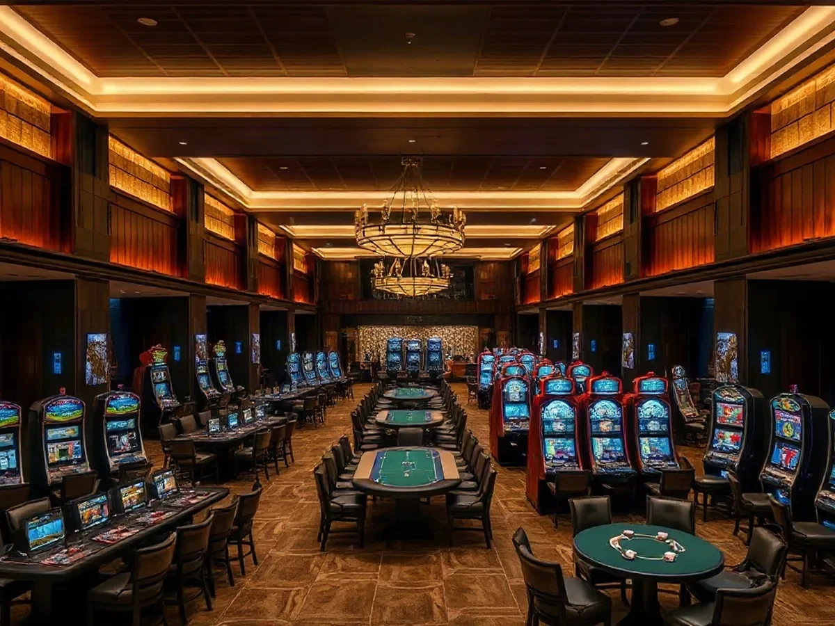 Table-game areas and slot machines fill a warm, layered floor of dark timber, stone, and soft light.