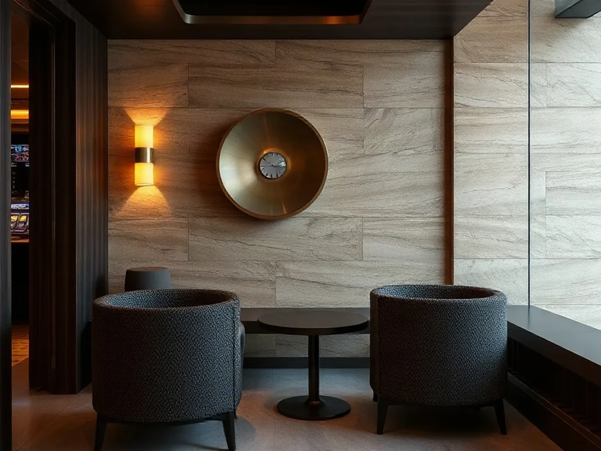 Comfortable chairs and a small table in a quiet lounge corner with stone and warm light.