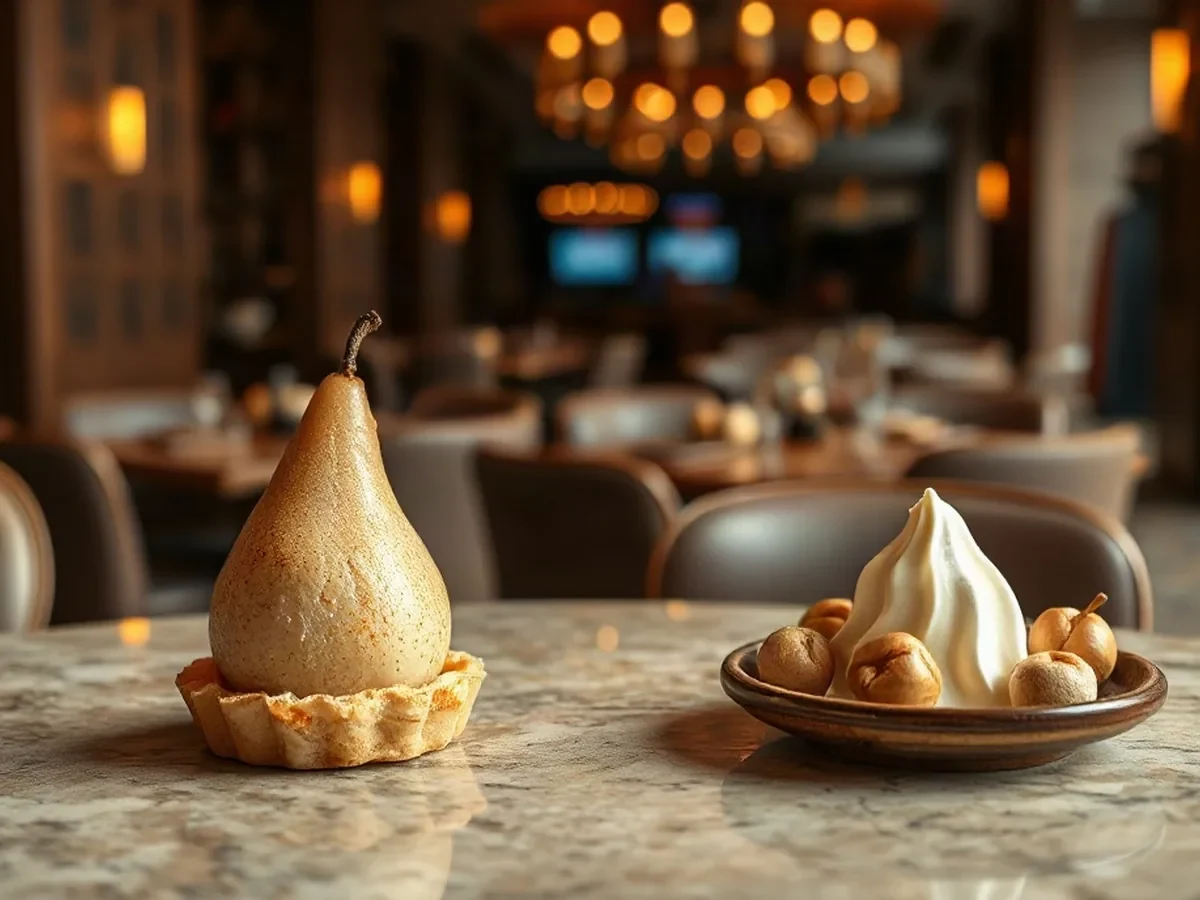 A pear tartlet with vanilla cream and toasted hazelnuts on a small plate, softly lit.